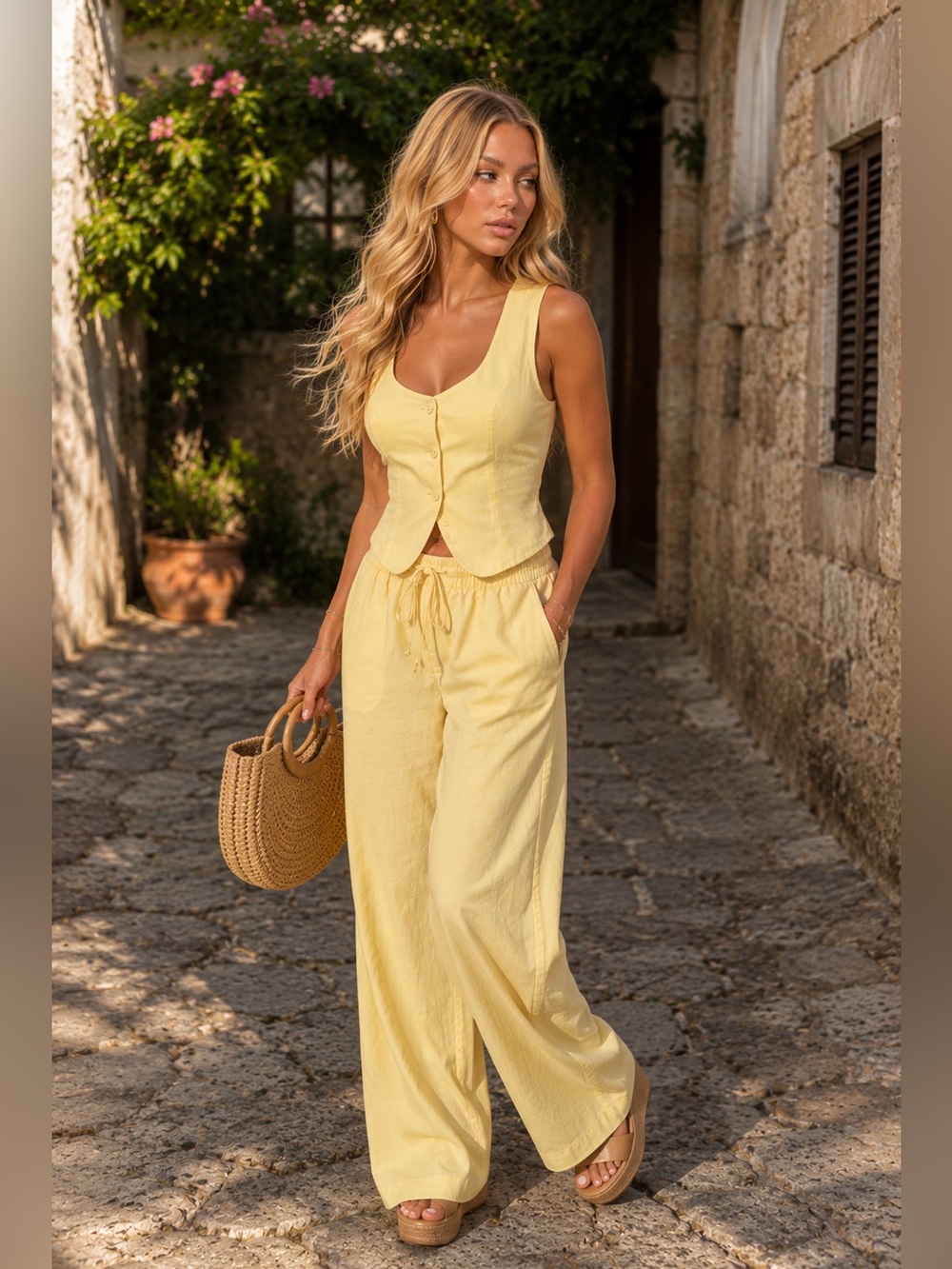 2 Piece Cotton Button Front Vest & Wide Leg Drawstring Pants Set yellow